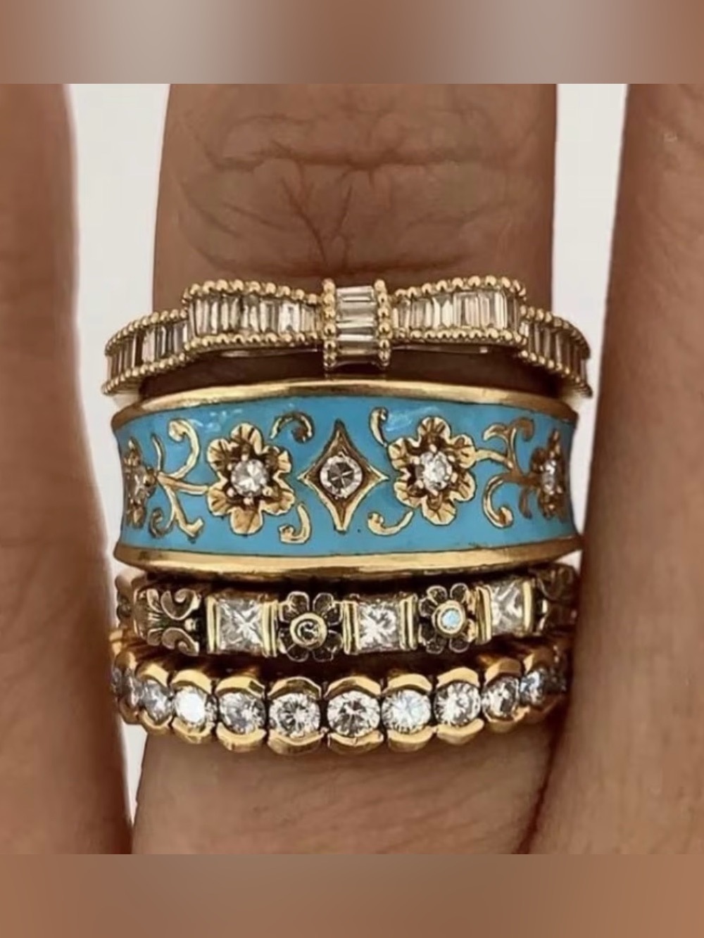 Western Ring Gold and Turquoise Floral Enamel Stackable Ring Set